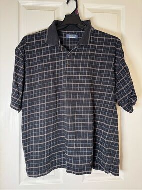 Premier Men's Black Plaid Short-Sleeve Polo with Subtle Blue Lines